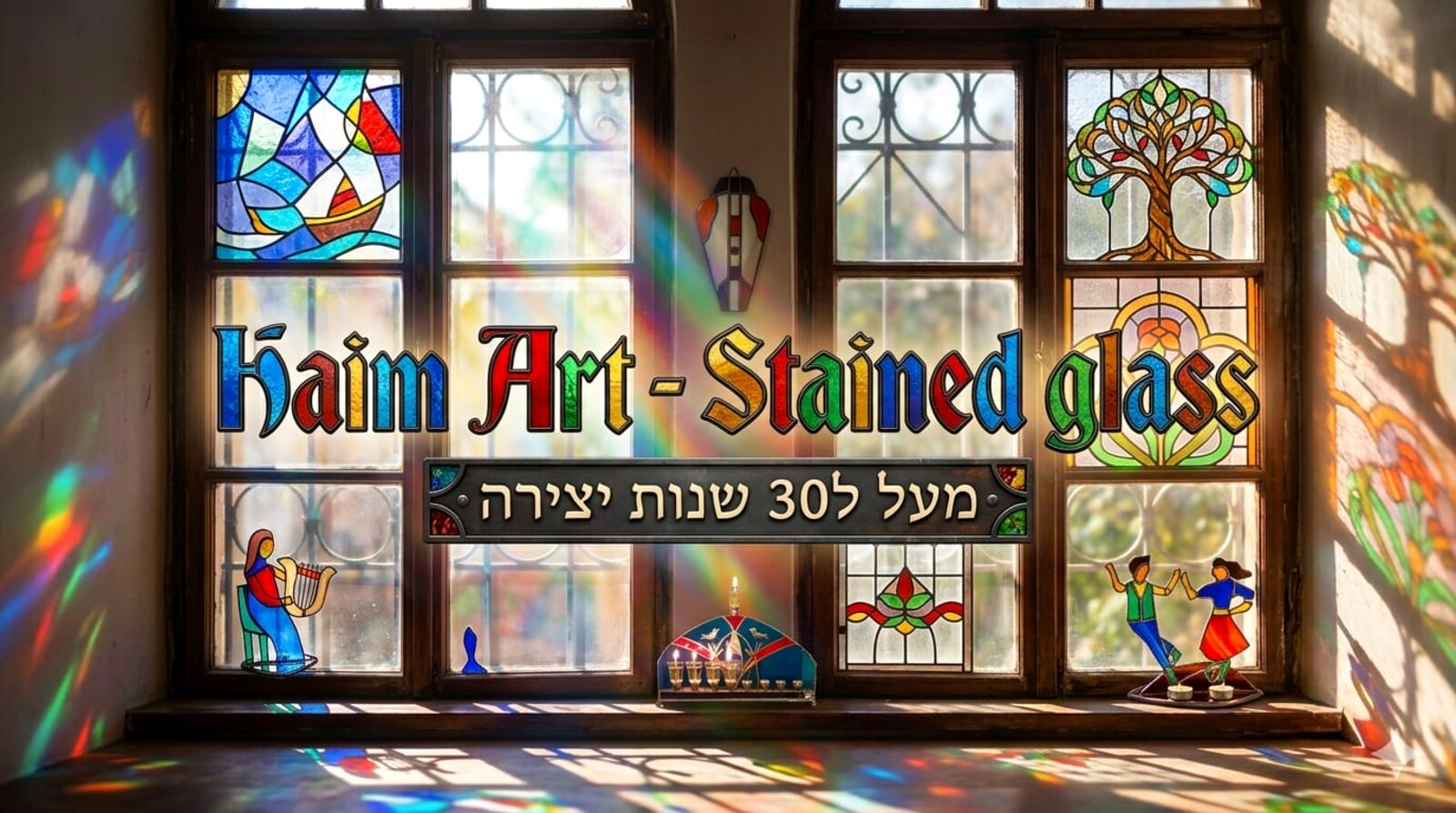 חלונות ויטראז׳ צבעוניים של חיים ארט עם קרני אור